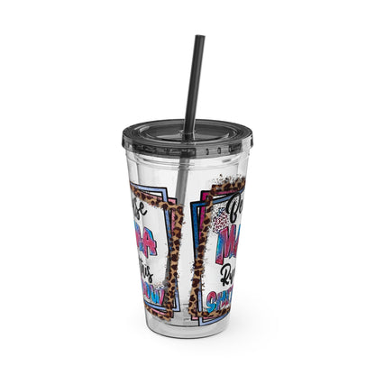 16oz Tumbler with Straw — "Because Mama Runs This…" Leopard Accent Travel Cup