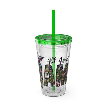 Patriotic Mama 16oz Tumbler with Straw — All American Floral Flag Design