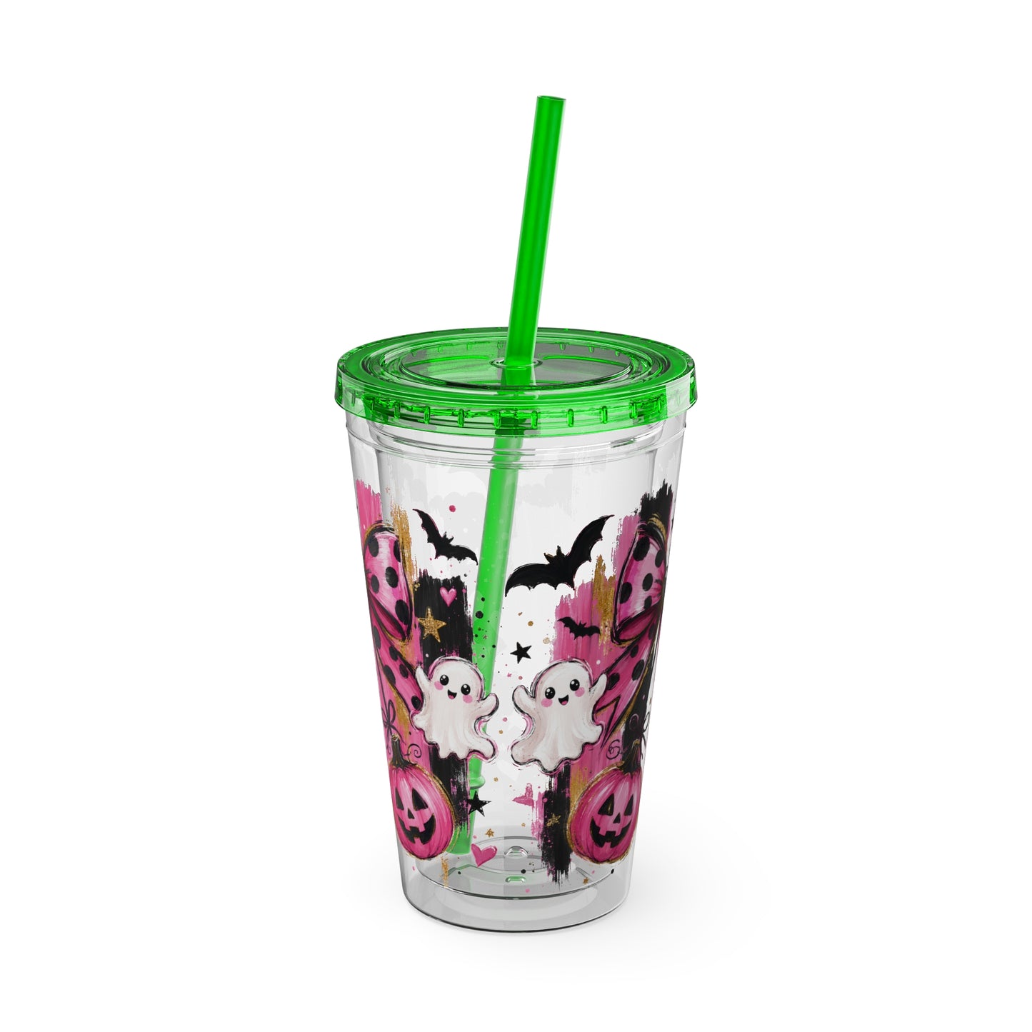 Halloween Pink Ghost Tumbler with Straw — 16oz Cute Pumpkin & Bow Drink Cup