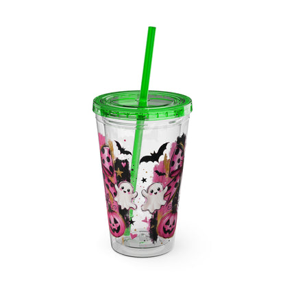 Halloween Pink Ghost Tumbler with Straw — 16oz Cute Pumpkin & Bow Drink Cup