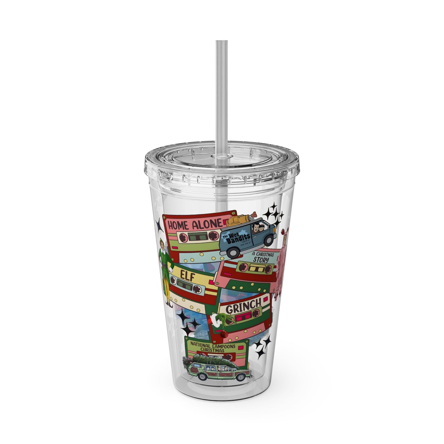 Holiday Movie Vans 16oz Tumbler with Straw – Christmas Classics Design (Home Alone, Elf, Grinch)