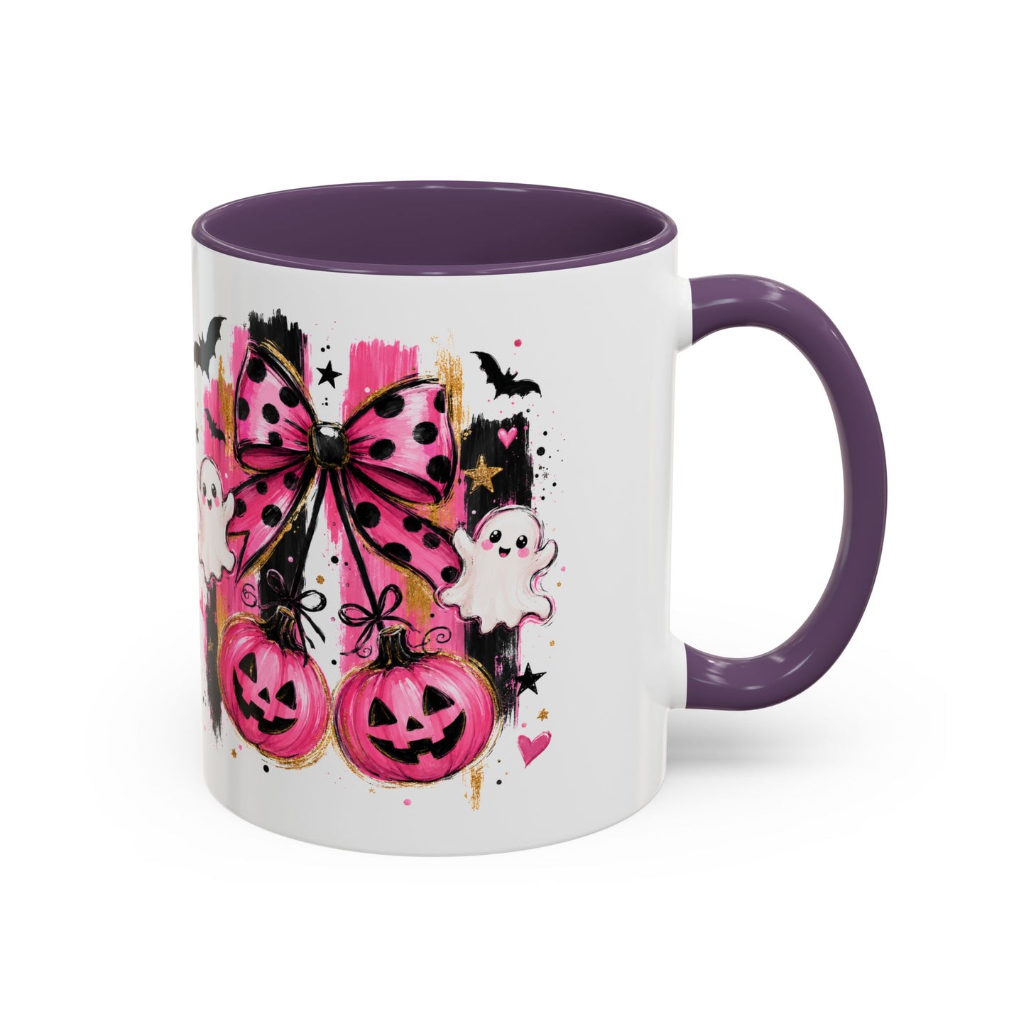 Halloween Pink Pumpkin Coffee Mug — Cute Ghosts & Bow Accent Mug (11/15oz)