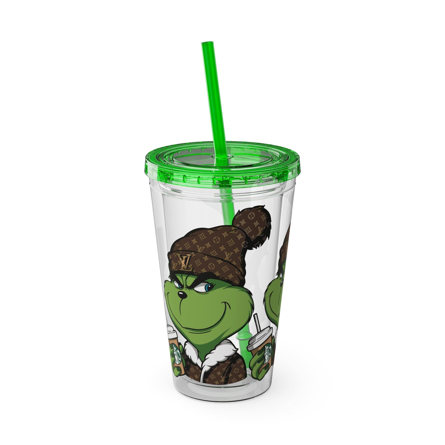 16oz Tumbler — Grinch in Designer Beanie Clear Straw Cup