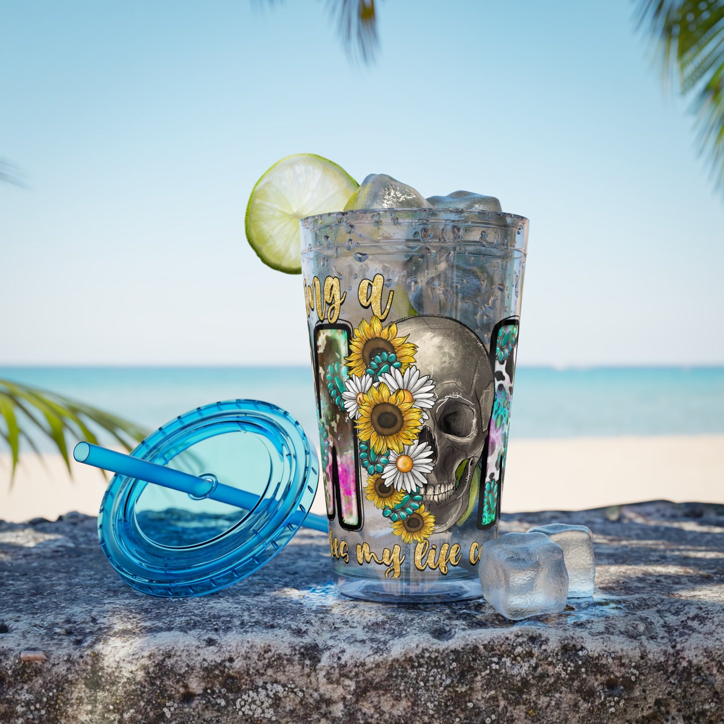 16oz Tumbler with Straw - "Being You" Floral Skull Cold Drink Cup Sunsplash Skull & Sunflower