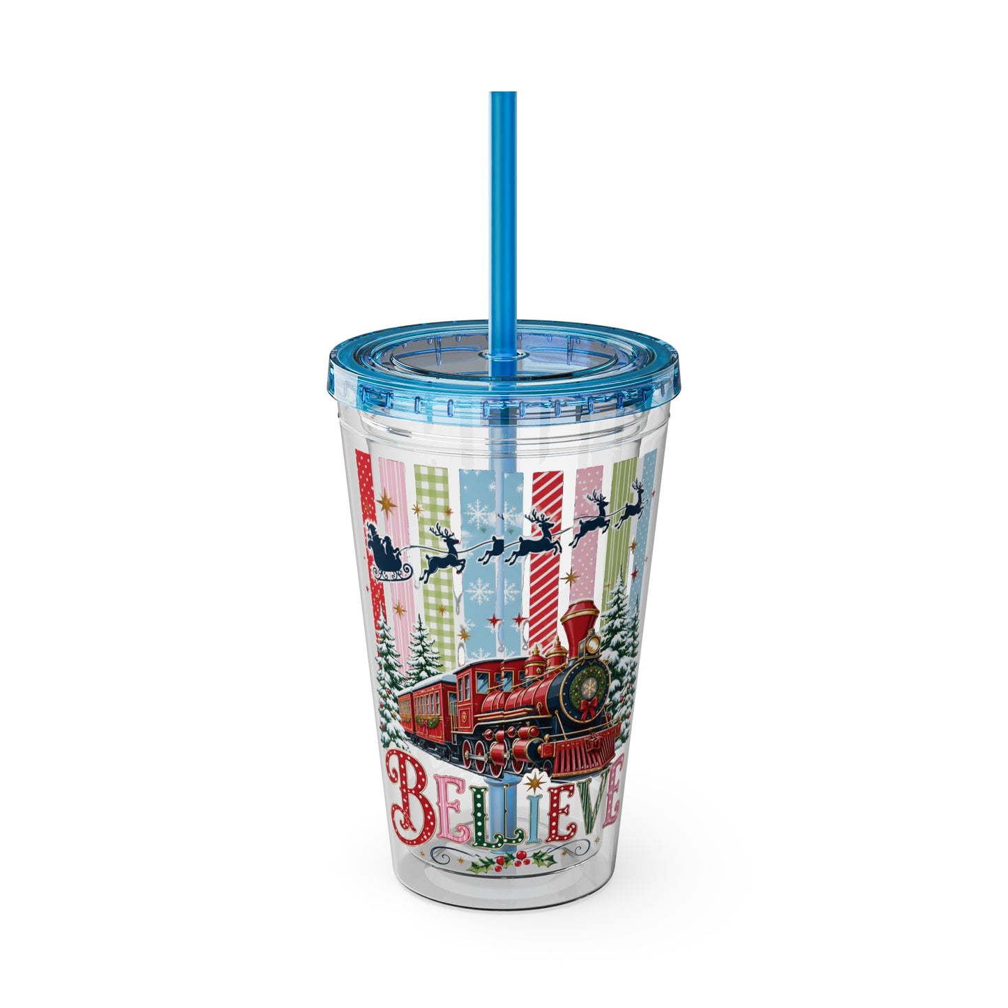 Believe Holiday Tumbler — Christmas Train 16oz Straw Cup