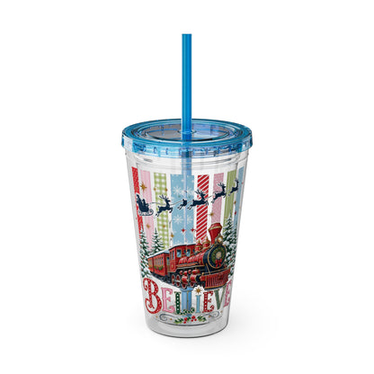 Believe Holiday Tumbler — Christmas Train 16oz Straw Cup