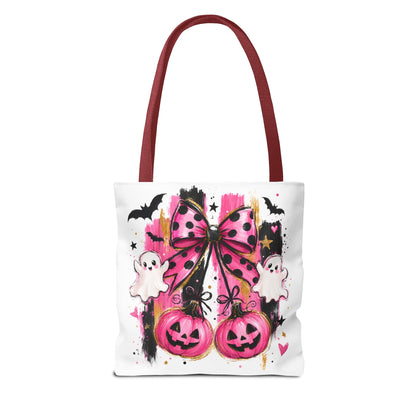 Halloween Pink Bow Tote Bag — Cute Ghosts & Jack-o'-Lanterns AOP