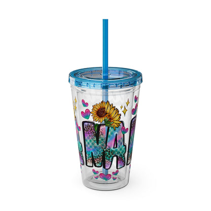 16oz Sunsplash Tumbler with Straw — Floral 'Because I Am' Colorful Sunflower Design