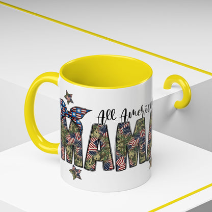 Mama Accent Coffee Mug — All American Patriotic Floral Flag Design (11/15 oz)