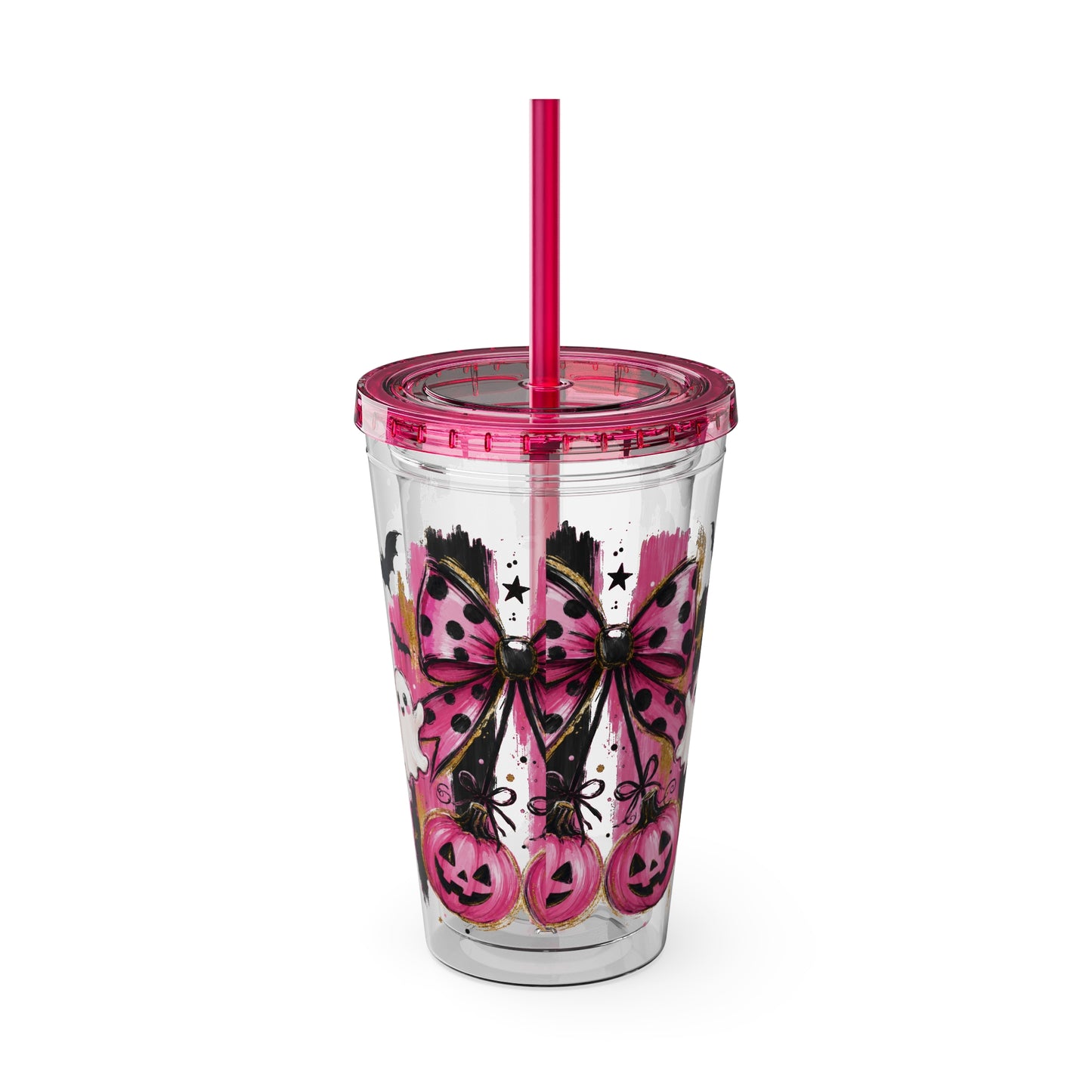 Halloween Pink Ghost Tumbler with Straw — 16oz Cute Pumpkin & Bow Drink Cup