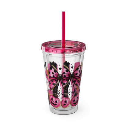 Halloween Pink Ghost Tumbler with Straw — 16oz Cute Pumpkin & Bow Drink Cup