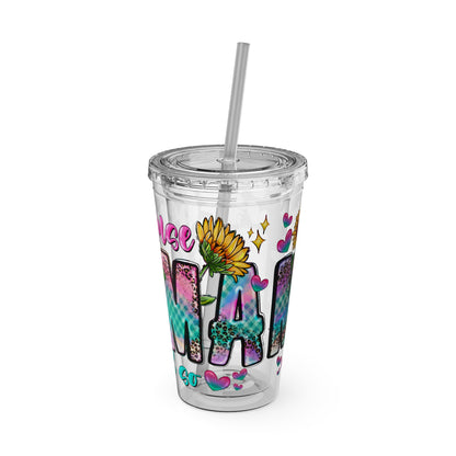 16oz Sunsplash Tumbler with Straw — Floral 'Because I Am' Colorful Sunflower Design