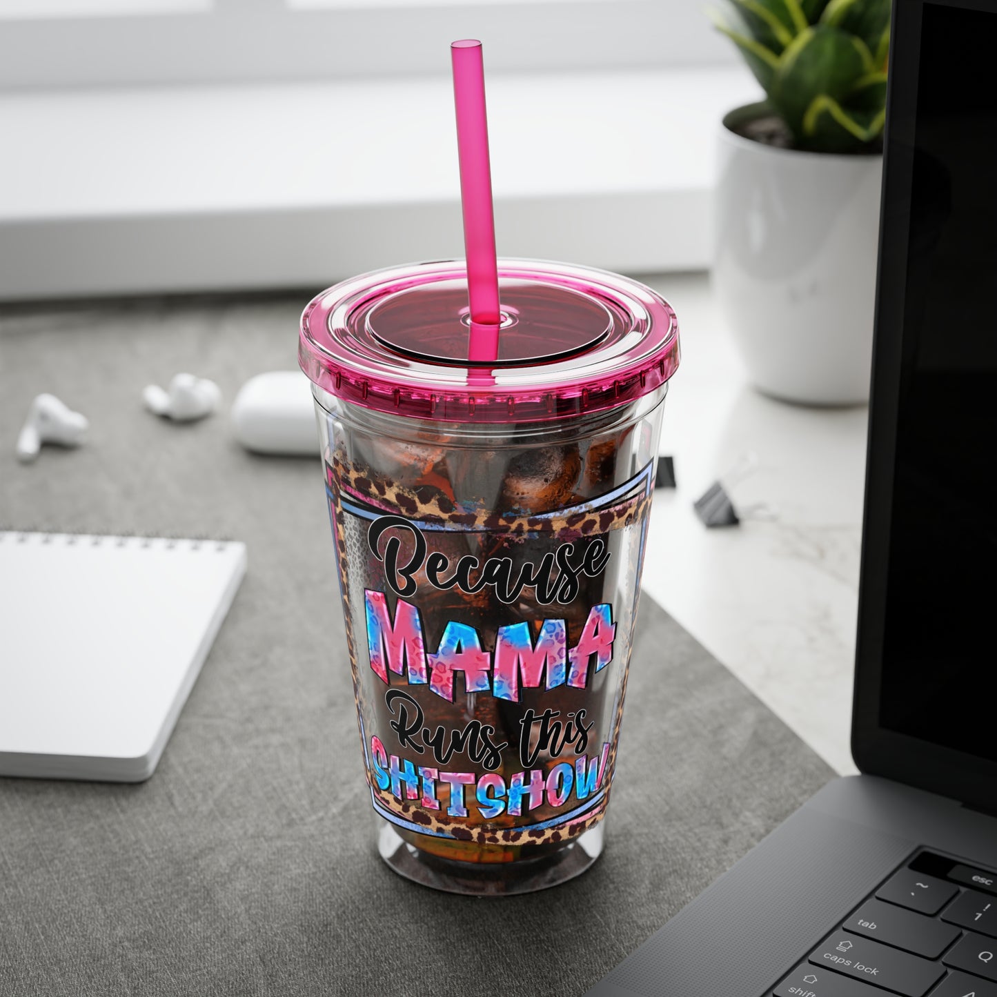 16oz Tumbler with Straw — "Because Mama Runs This…" Leopard Accent Travel Cup