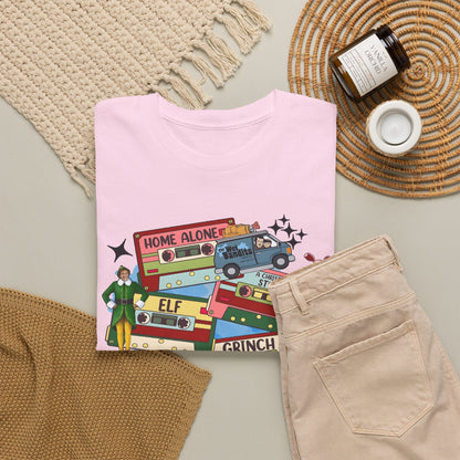 Retro Holiday Movie Stack T-Shirt — Elf, Grinch & Classic Christmas Cars Graphic Tee