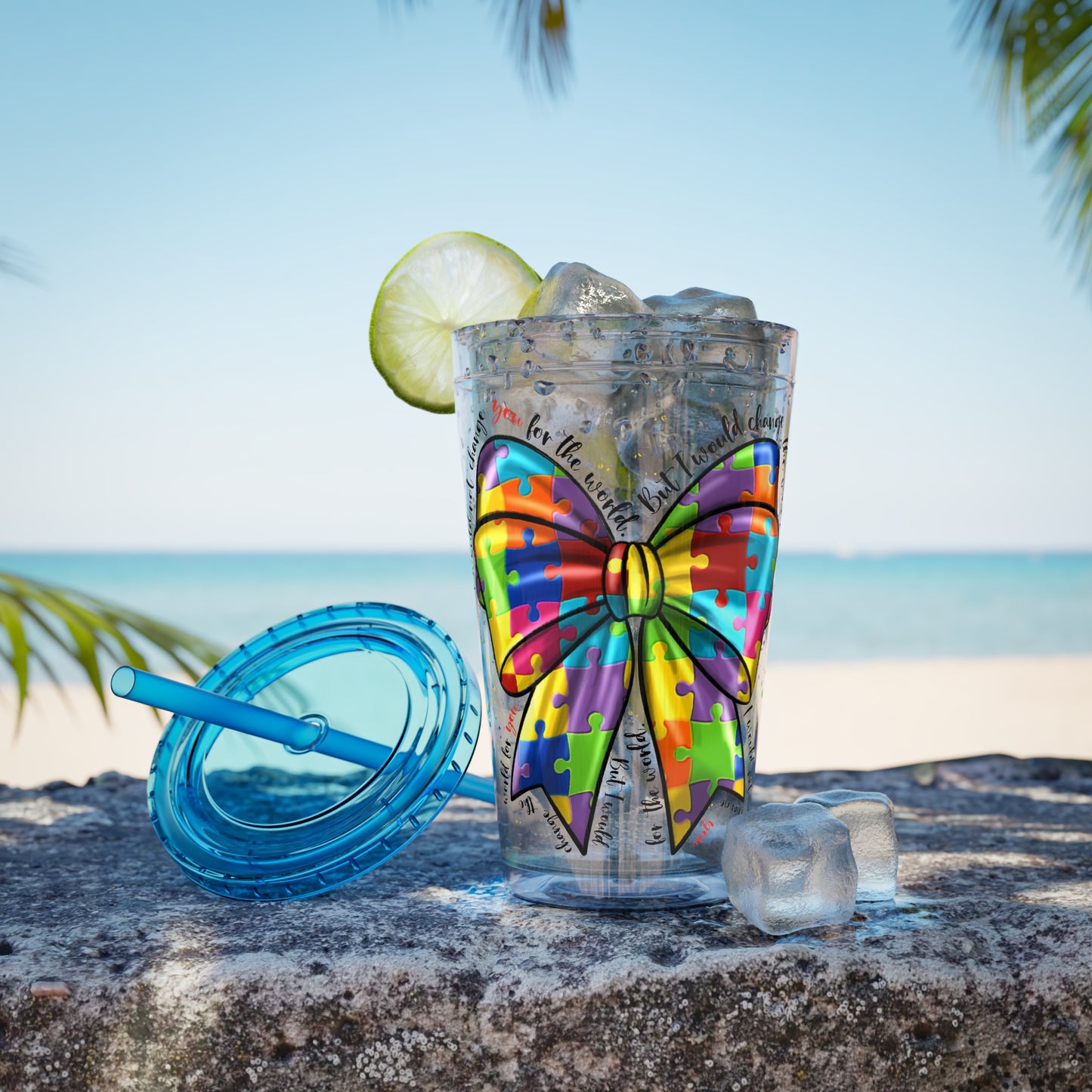 Autism Awareness Rainbow Puzzle Bow Tumbler with Straw, 16oz