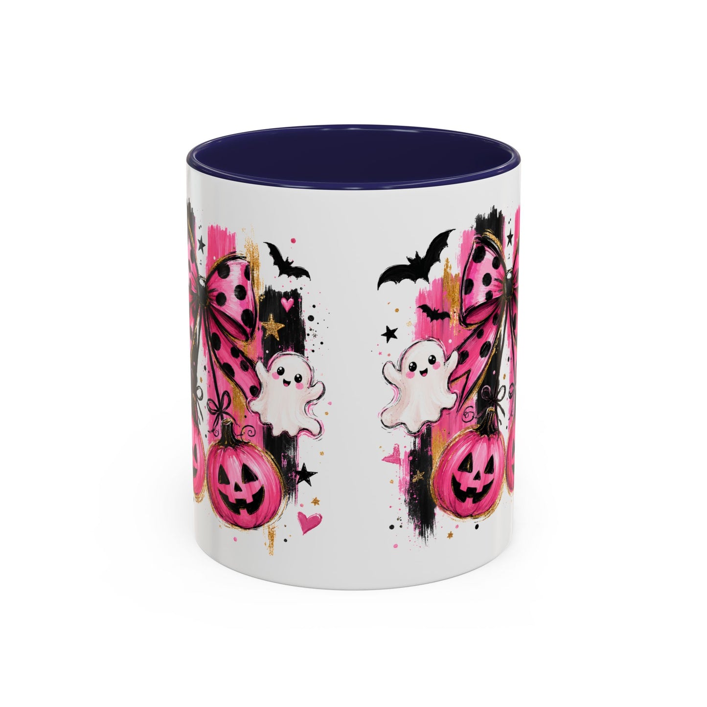 Halloween Pink Pumpkin Coffee Mug — Cute Ghosts & Bow Accent Mug (11/15oz)