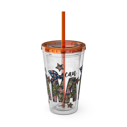 Patriotic Mama 16oz Tumbler with Straw — All American Floral Flag Design