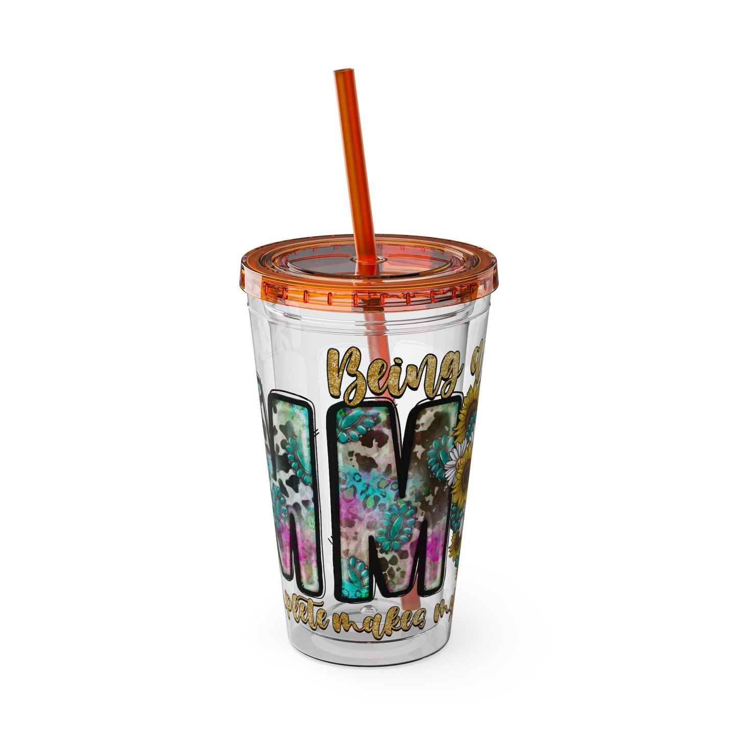 16oz Tumbler with Straw - "Being You" Floral Skull Cold Drink Cup Sunsplash Skull & Sunflower