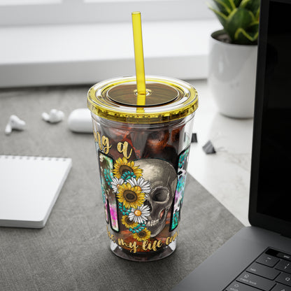 16oz Tumbler with Straw - "Being You" Floral Skull Cold Drink Cup Sunsplash Skull & Sunflower