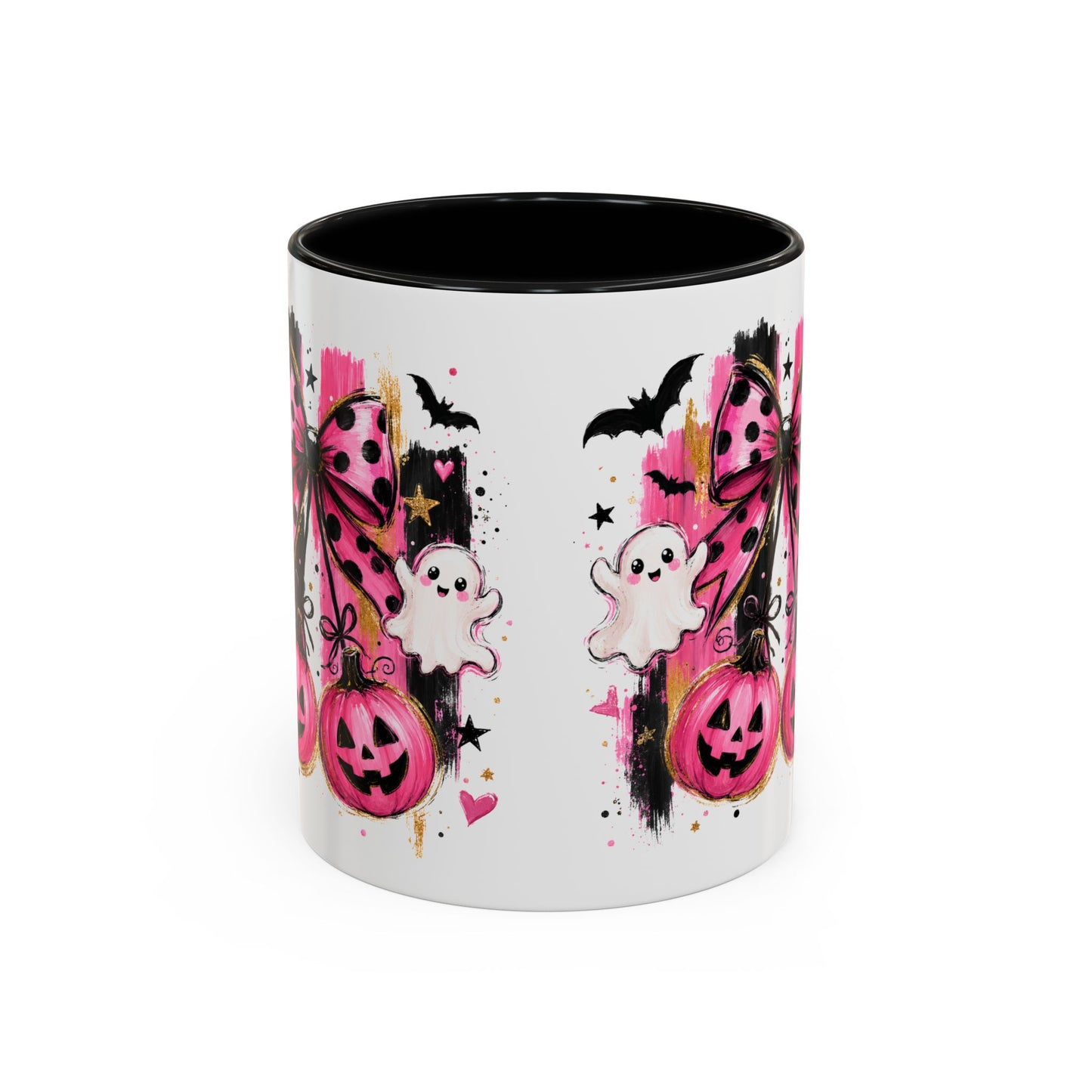 Halloween Pink Pumpkin Coffee Mug — Cute Ghosts & Bow Accent Mug (11/15oz)