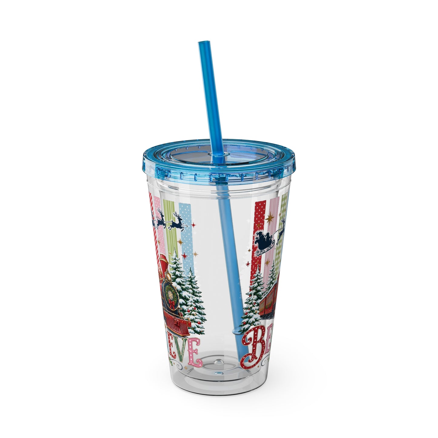 Believe Holiday Tumbler — Christmas Train 16oz Straw Cup