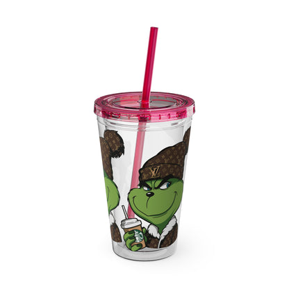 16oz Tumbler — Grinch in Designer Beanie Clear Straw Cup