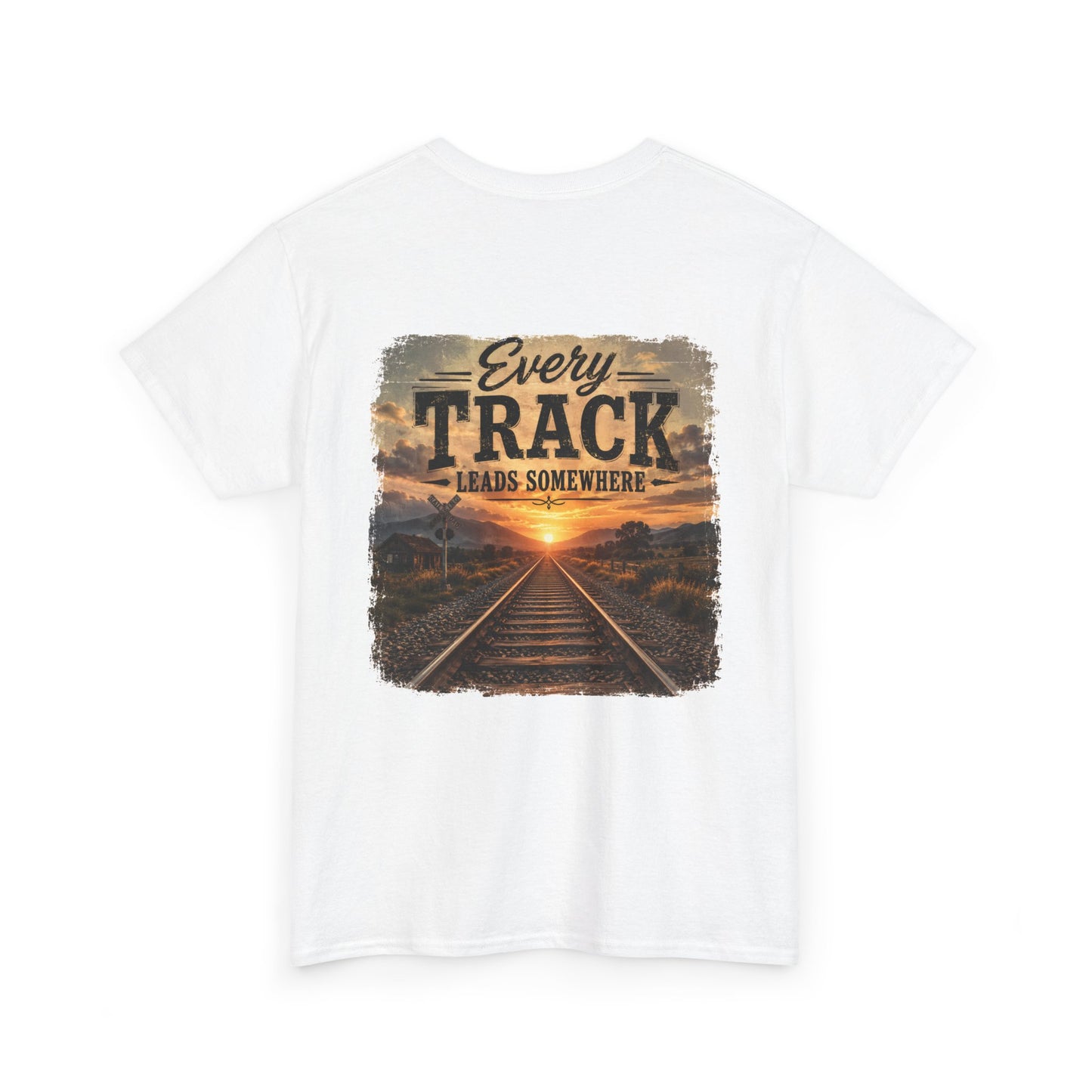 "Every Track Leads Somewhere" Sunset Railroad Graphic Tee
