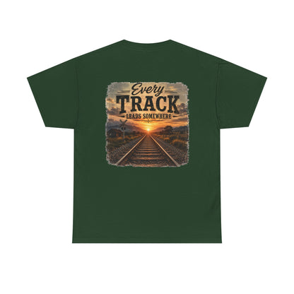 "Every Track Leads Somewhere" Sunset Railroad Graphic Tee
