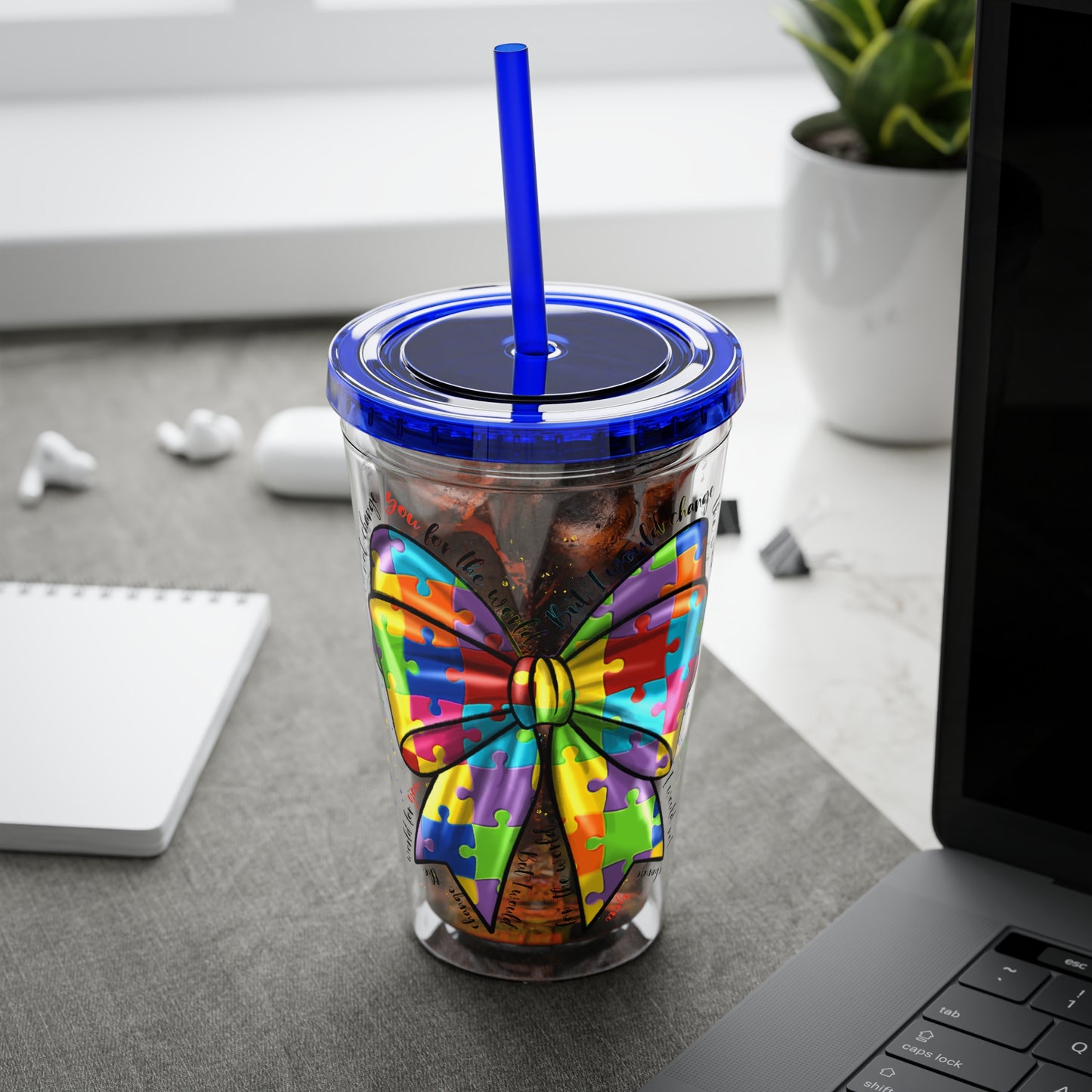 Autism Awareness Rainbow Puzzle Bow Tumbler with Straw, 16oz