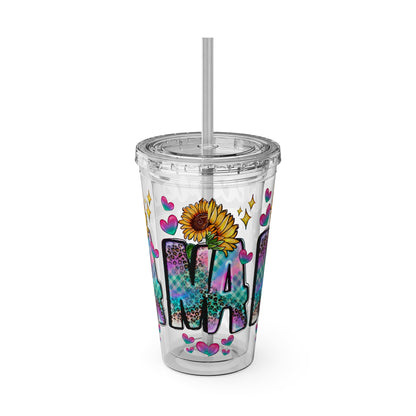 16oz Sunsplash Tumbler with Straw — Floral 'Because I Am' Colorful Sunflower Design