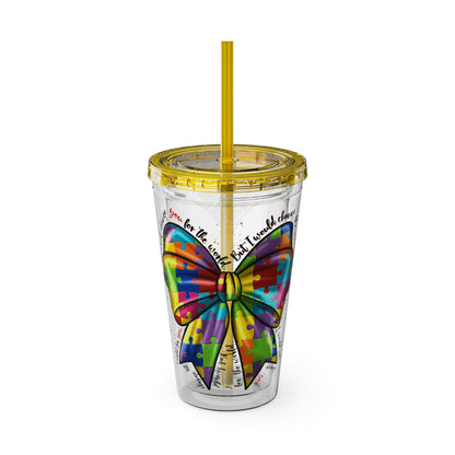 Autism Awareness Rainbow Puzzle Bow Tumbler with Straw, 16oz