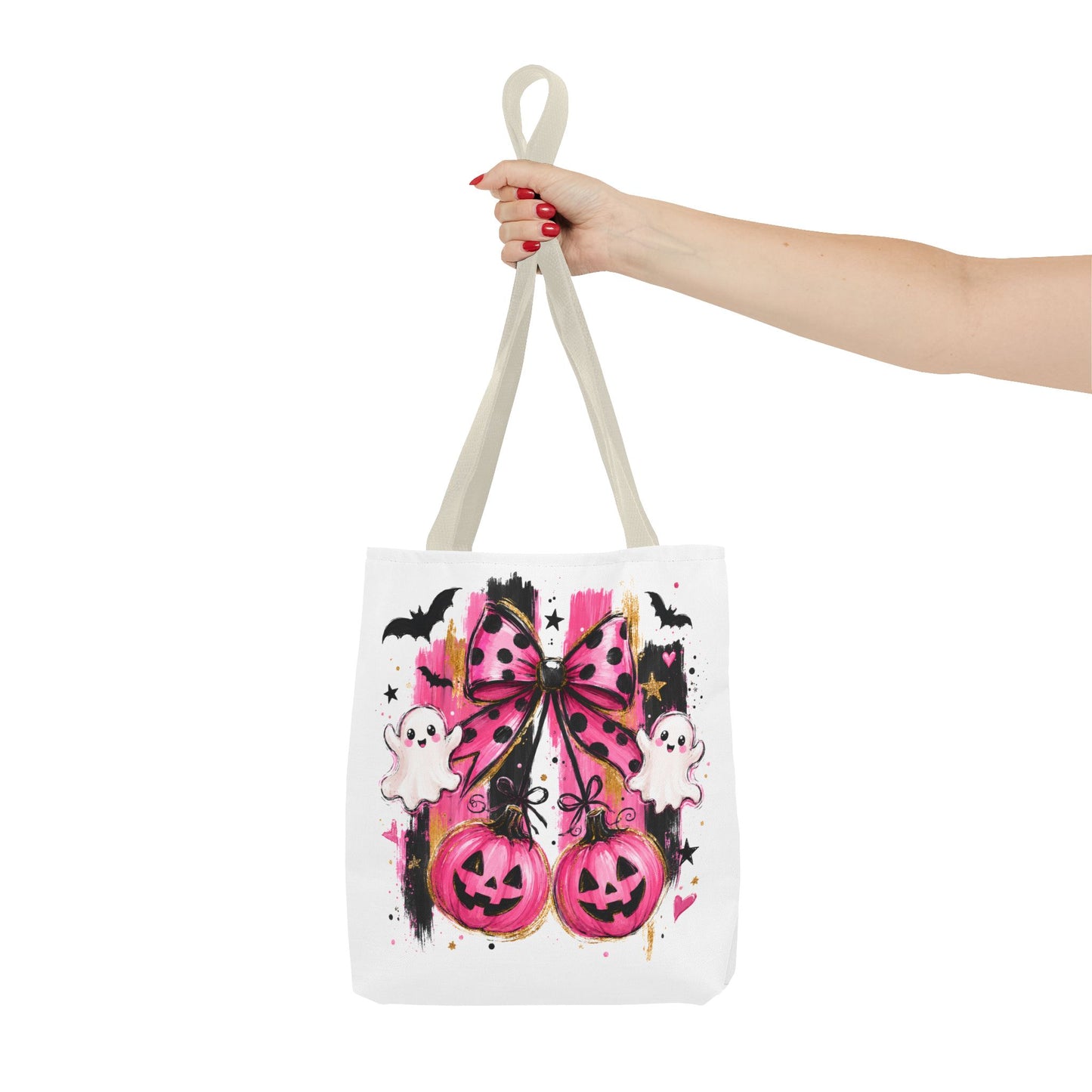 Halloween Pink Bow Tote Bag — Cute Ghosts & Jack-o'-Lanterns AOP