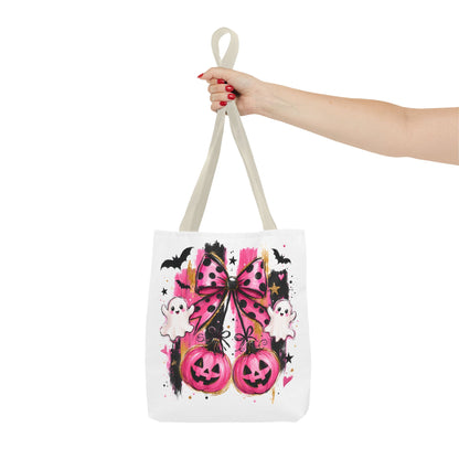 Halloween Pink Bow Tote Bag — Cute Ghosts & Jack-o'-Lanterns AOP