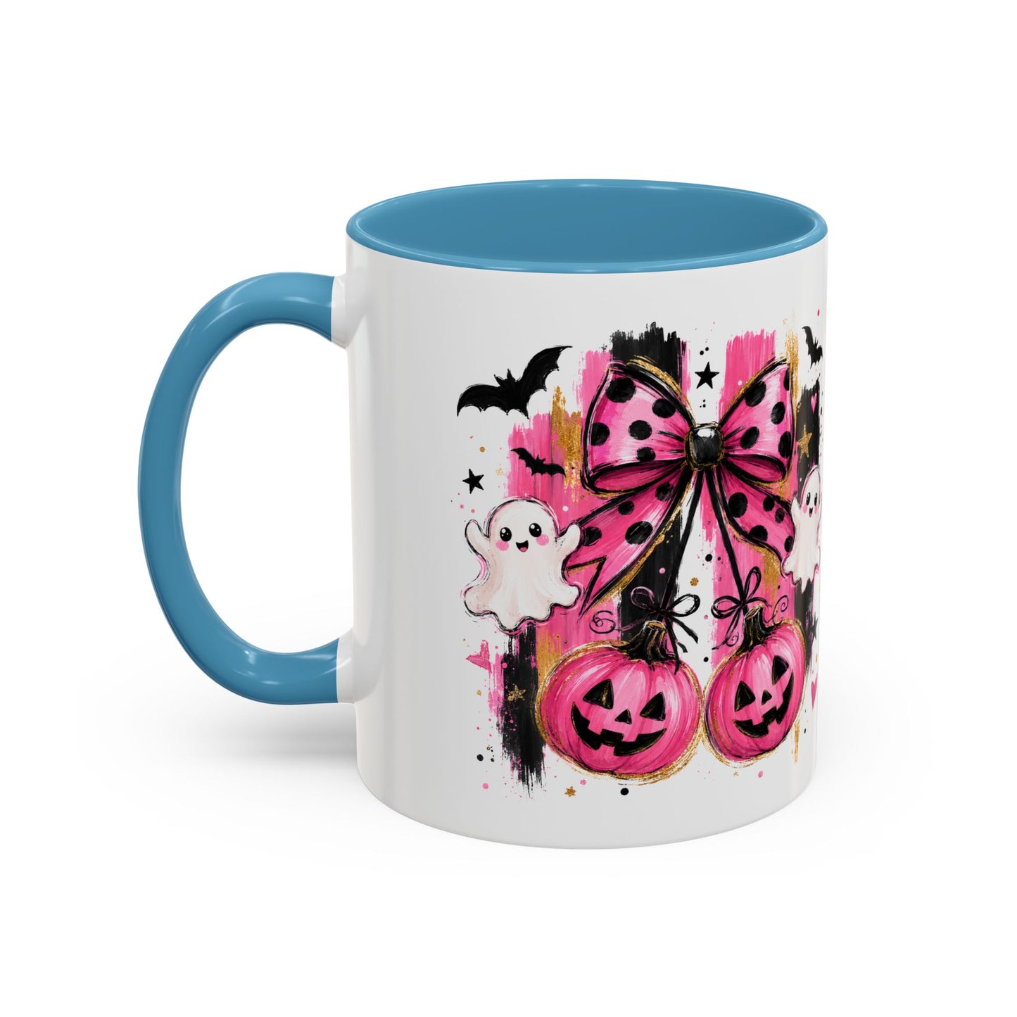 Halloween Pink Pumpkin Coffee Mug — Cute Ghosts & Bow Accent Mug (11/15oz)