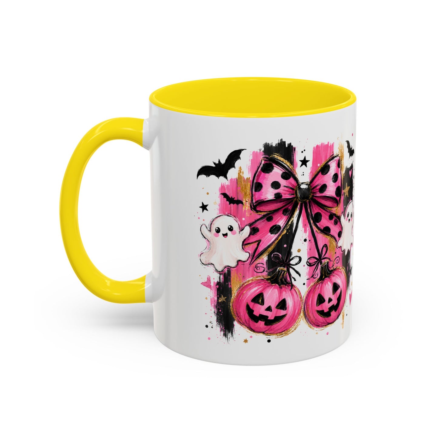 Halloween Pink Pumpkin Coffee Mug — Cute Ghosts & Bow Accent Mug (11/15oz)