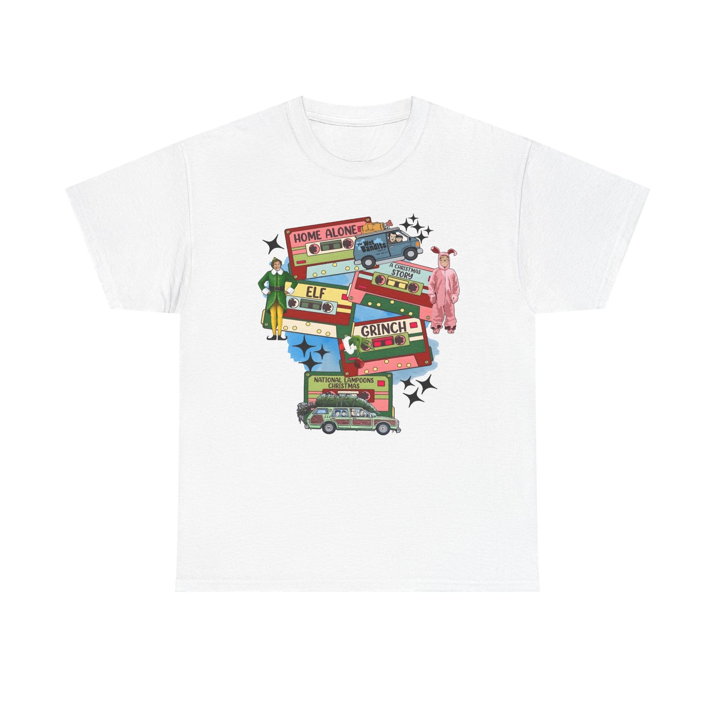 Retro Holiday Movie Stack T-Shirt — Elf, Grinch & Classic Christmas Cars Graphic Tee