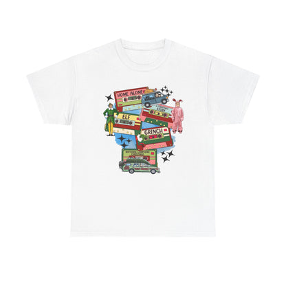 Retro Holiday Movie Stack T-Shirt — Elf, Grinch & Classic Christmas Cars Graphic Tee