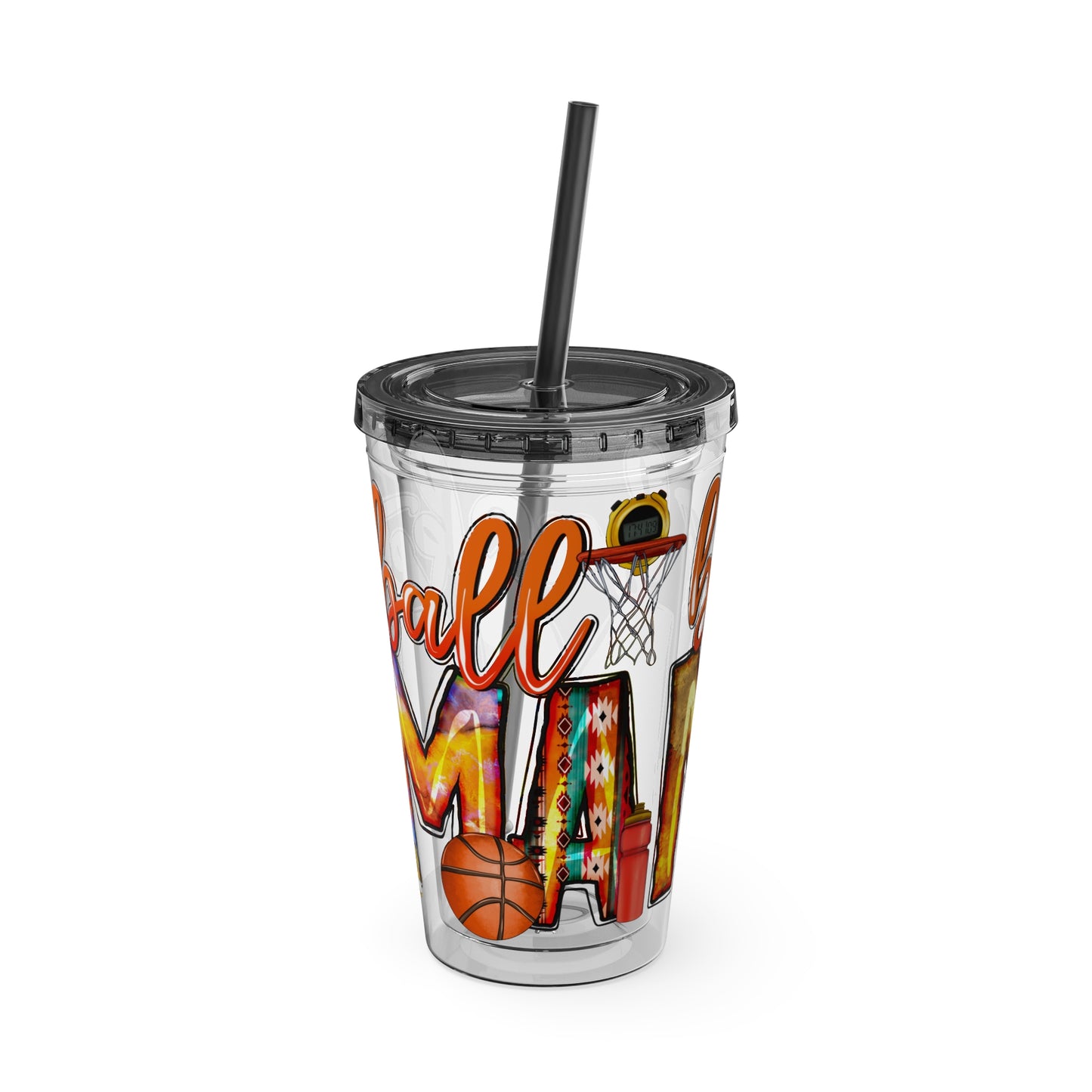 Basketball Mom 16oz Tumbler with Straw — Leopard & Plaid Sunsplash Design