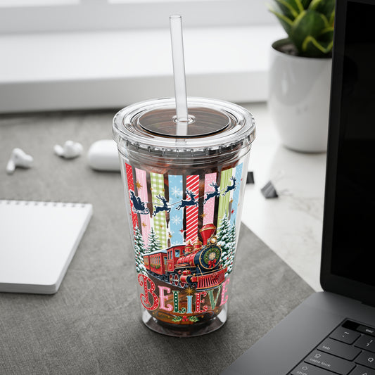 Believe Holiday Tumbler — Christmas Train 16oz Straw Cup