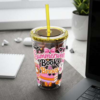 Summerween Books & Brews Tumbler — 16oz Straw Cup for Book Lovers
