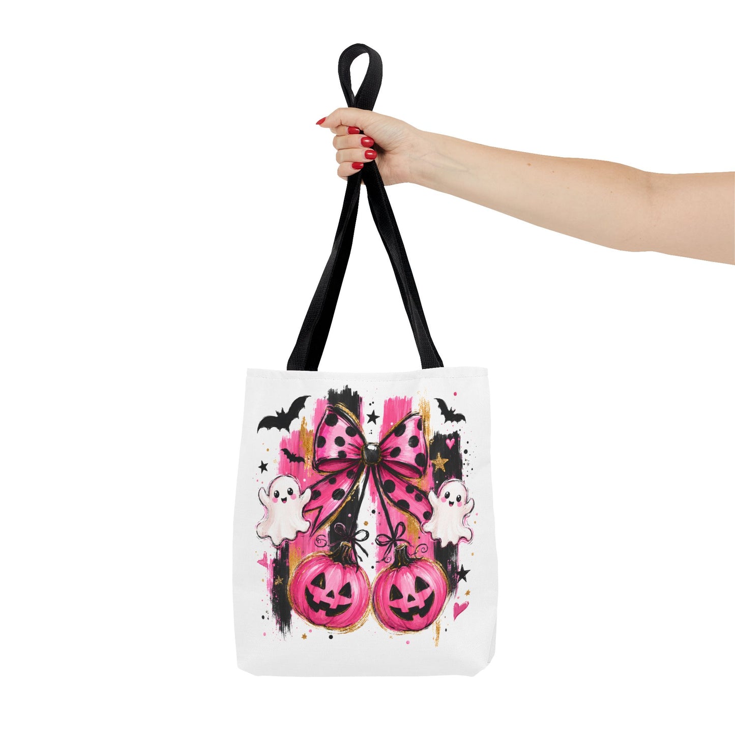 Halloween Pink Bow Tote Bag — Cute Ghosts & Jack-o'-Lanterns AOP