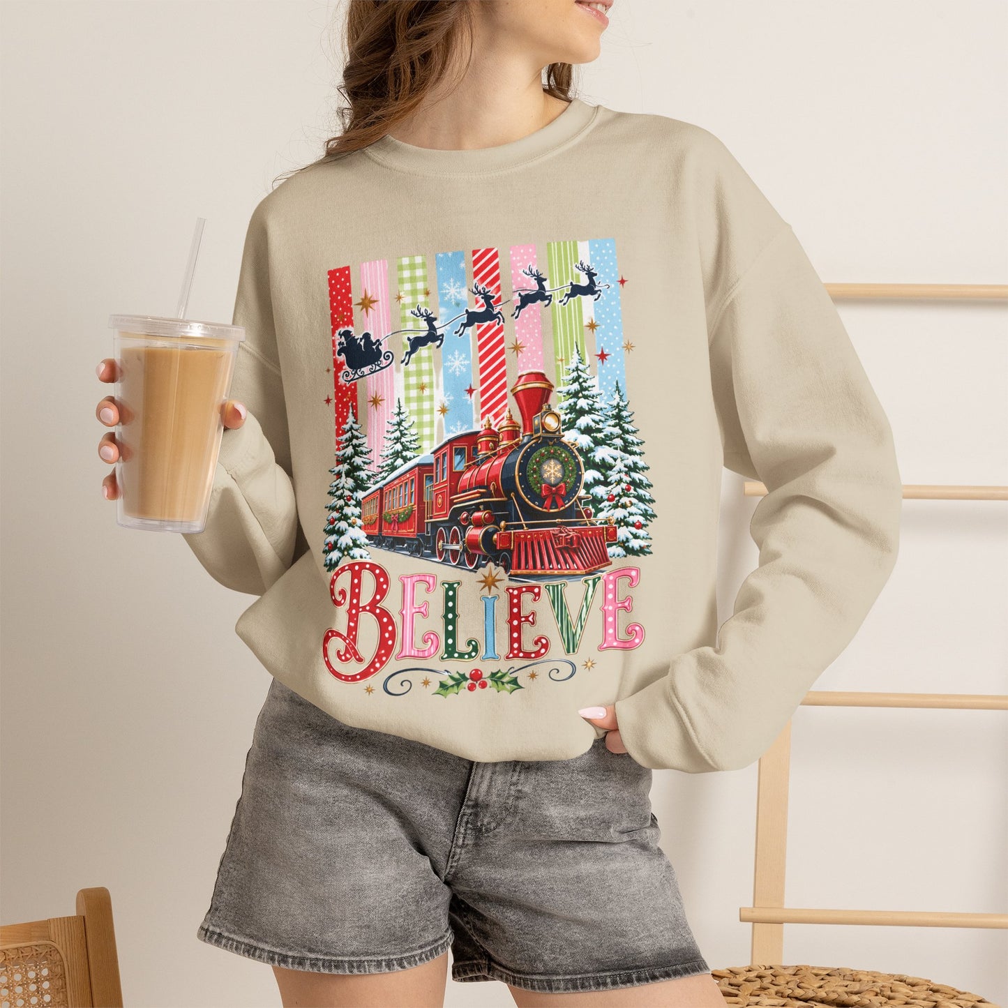 Believe Christmas Crewneck Sweatshirt — Vintage Holiday Train & Santa Silhouette