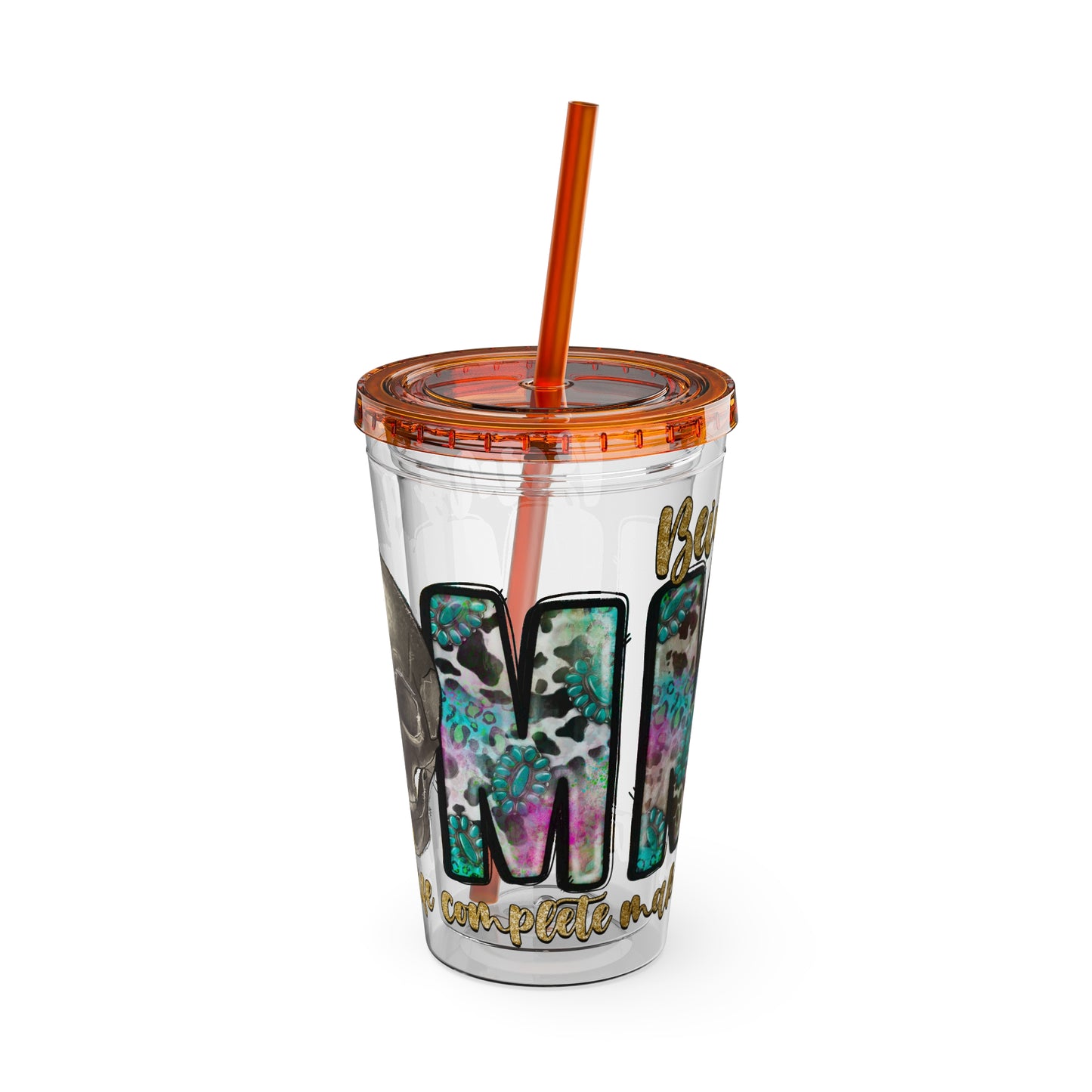 16oz Tumbler with Straw - "Being You" Floral Skull Cold Drink Cup Sunsplash Skull & Sunflower