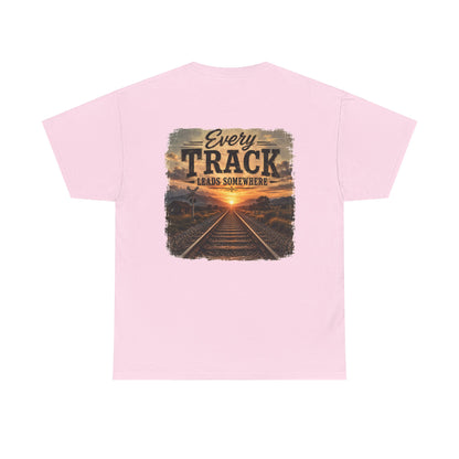 "Every Track Leads Somewhere" Sunset Railroad Graphic Tee