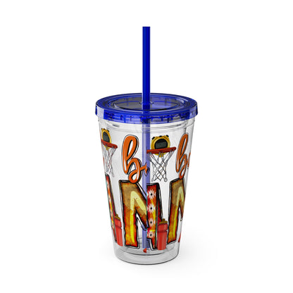 Basketball Mom 16oz Tumbler with Straw — Leopard & Plaid Sunsplash Design
