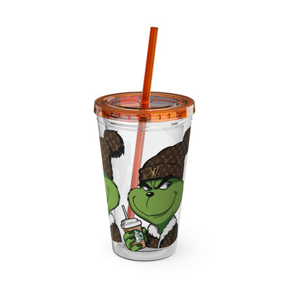 16oz Tumbler — Grinch in Designer Beanie Clear Straw Cup