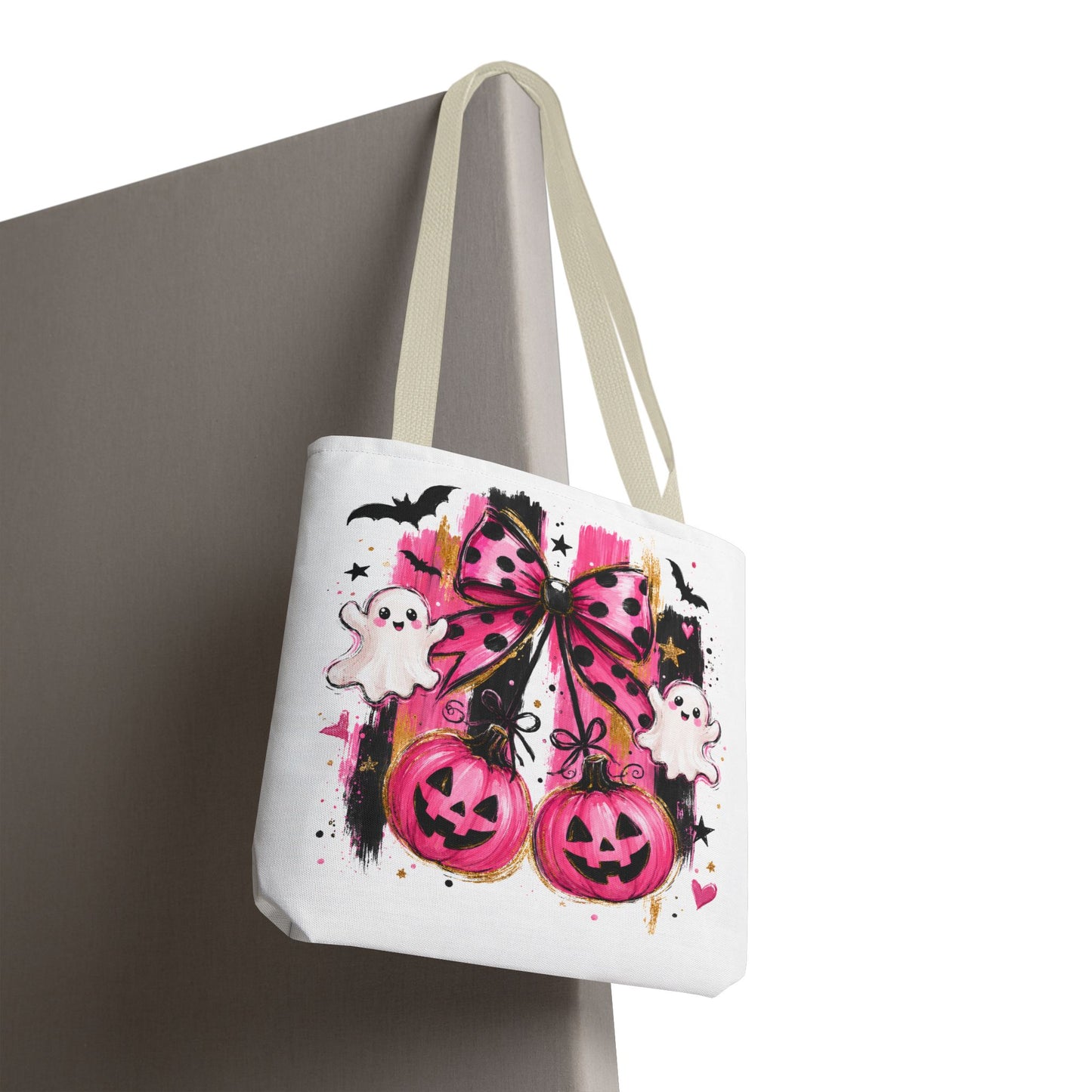 Halloween Pink Bow Tote Bag — Cute Ghosts & Jack-o'-Lanterns AOP
