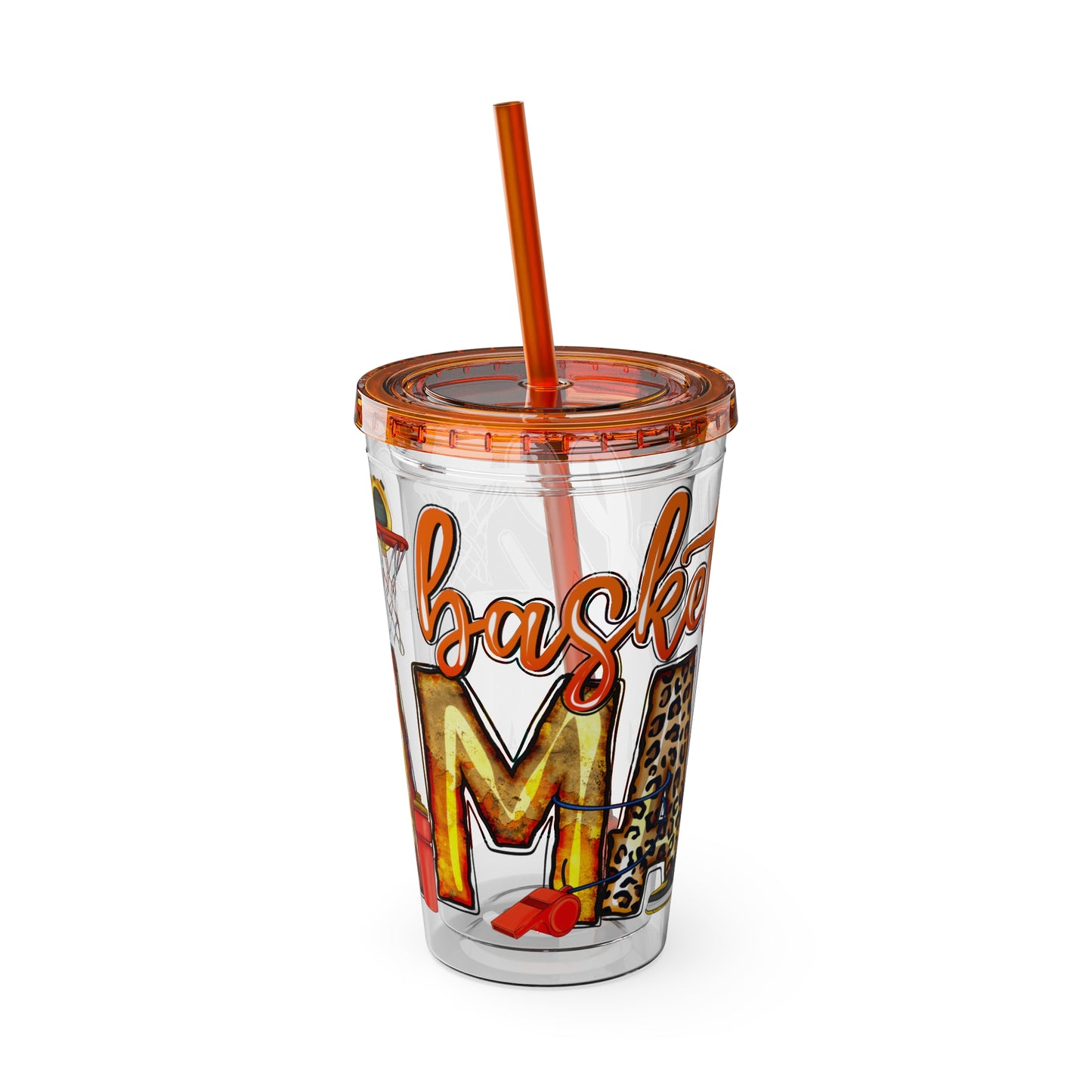 Basketball Mom 16oz Tumbler with Straw — Leopard & Plaid Sunsplash Design