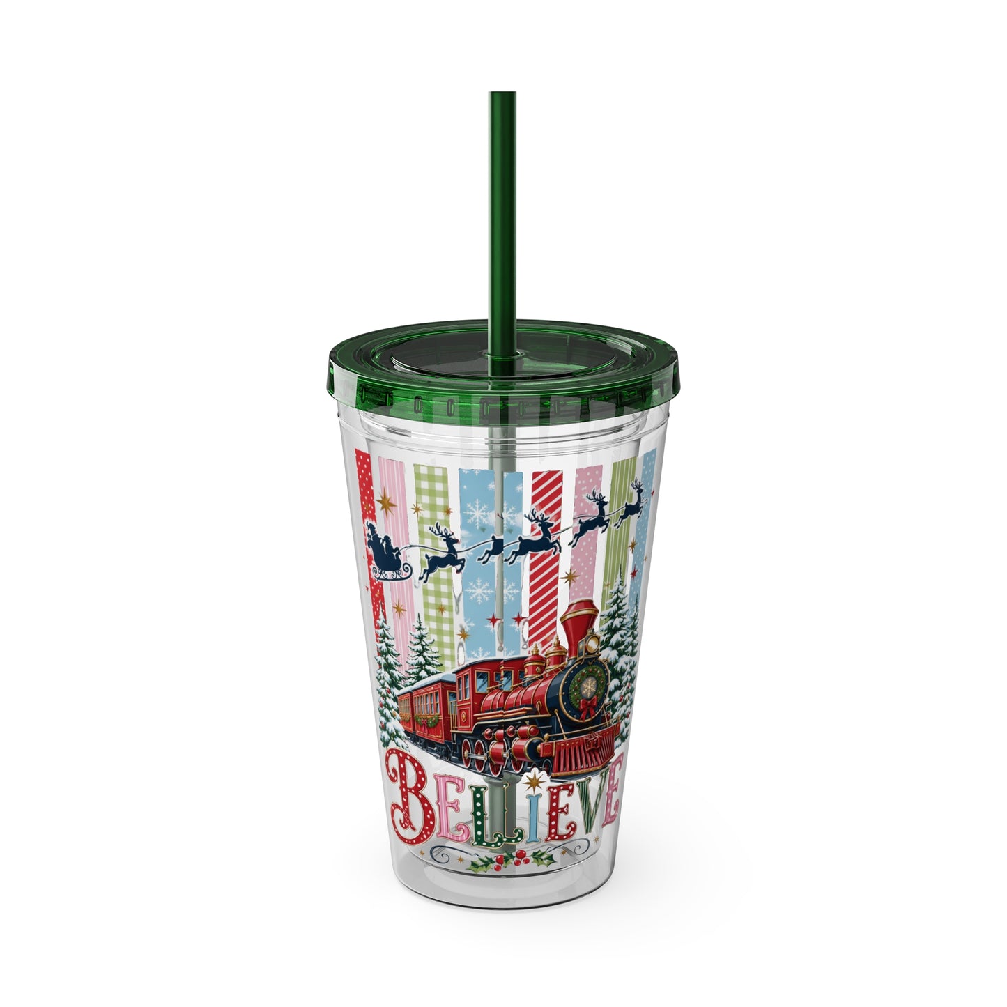 Believe Holiday Tumbler — Christmas Train 16oz Straw Cup