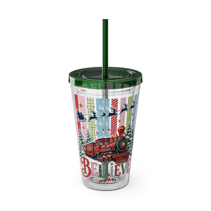 Believe Holiday Tumbler — Christmas Train 16oz Straw Cup